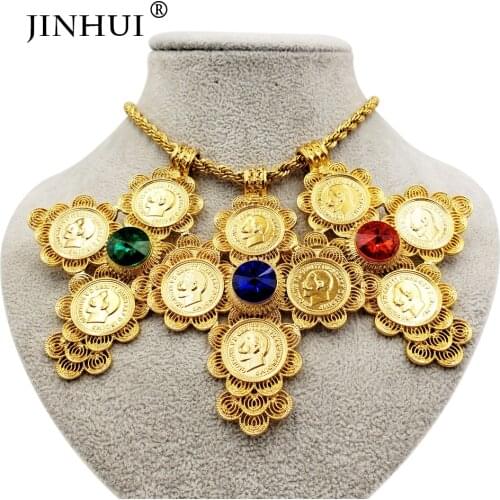 Dubai New Fashion jewelry Gold Color chain length 50cm Pendant custom Necklace Women/Men 1913 Head portrait Coin blue red stone