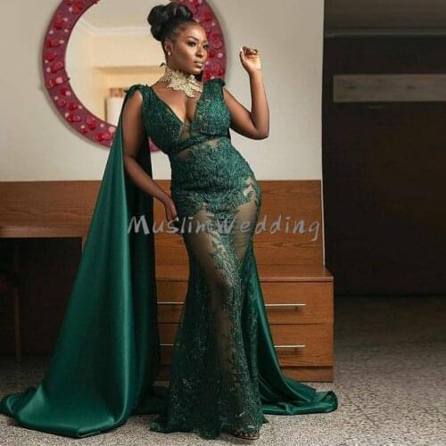 Elegant Dark Green See Through EVening Dresses African Black Girls Mermaid Prom Dress 2020 Deep V Neck Plus Size Formal Dresses