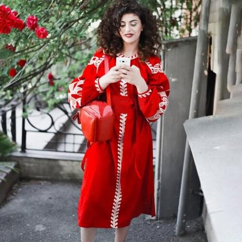 Jastie 2021 Spring Autumn Women Dress Red Chic Vintage Embroidered Dresses Boho Casual Belt Lantern Sleeve Linen Midi Dress