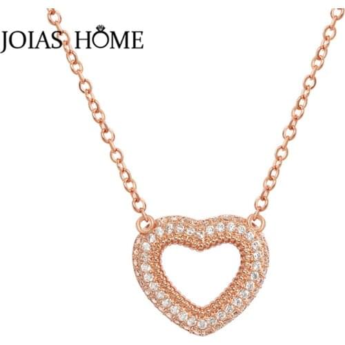 JoiasHome Simple Trendy Necklace For Women Silver 925 Jewelry Gemstones Flash AAA Zircon Heart Shaped Korean Version Hollow Out