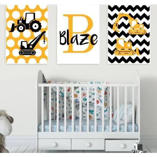 Boys Custom Name Canvas Painting Cartoon Bulldozer Excavator Poster Nursery Wall Art Print Nordic Wall Pictures Baby Room Decor