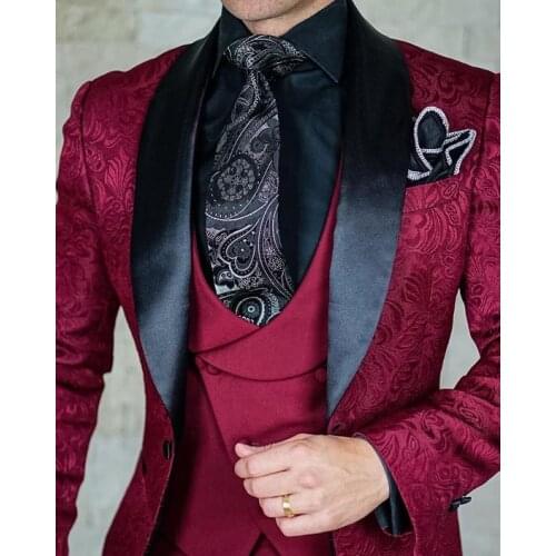 2021 Tailor-Made Burgundy Wedding Men Suits Slim Fit Tuxedo 3 Pieces Suits Groom Prom Jacquard Blazer Terno Masculino Suits