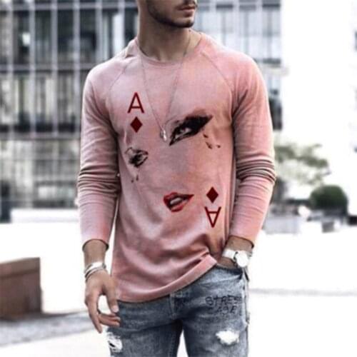 Men Round Neck Pullover Long Sleeve Bottoming Shirt Long-sleeve T-shirt Oversize Tee Top Playing Card Print Shirt Casual Shirts