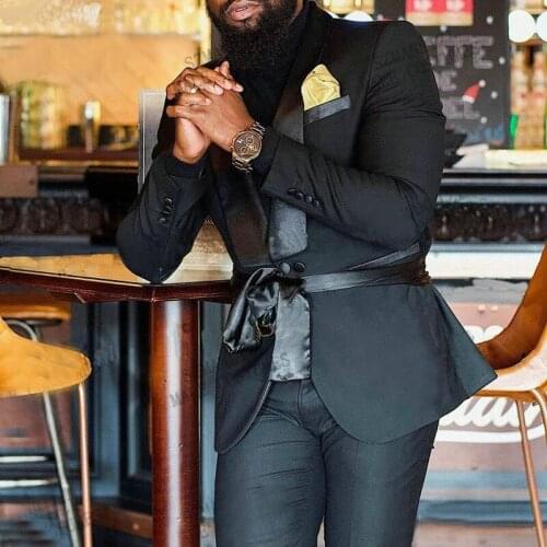 Black Men Suit For Dinner Prom 2 Pieces Jacket with Pants Belt Slim Fit Groom Wedding Shawl Lapel Male Fashion Costume Custom