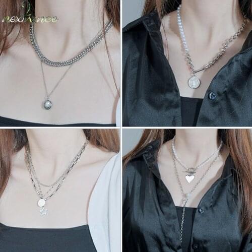 Nextvance Fashion Stainless Steel Multilayer Star Smile Pearl Bead Pendant Necklace Sweater Chain for Girl Women Bijoux Jewelry