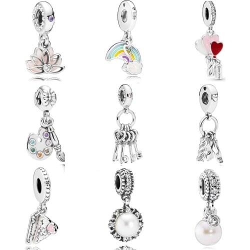 Original Pale Pink Enamel Serene Lotus Flower Rainbow Of Love Heart Pendant Bead Fit Europe Bracelet 925 Sterling Silver Charm