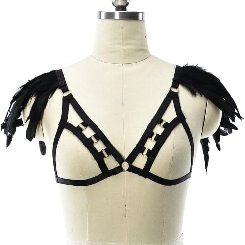Feather Wing Open Chest Harness Bra Ring Crop Top Body Cage Goth Rave Wear Feather Epaulettes Black Women Body Harness Belt