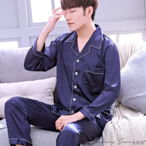 Pajama Men Spring Autumn Long-sleeved Ice Silk Nightwear Suits Male Youth Thin Large Size Sleepwear Pure Color Home Dress H5601