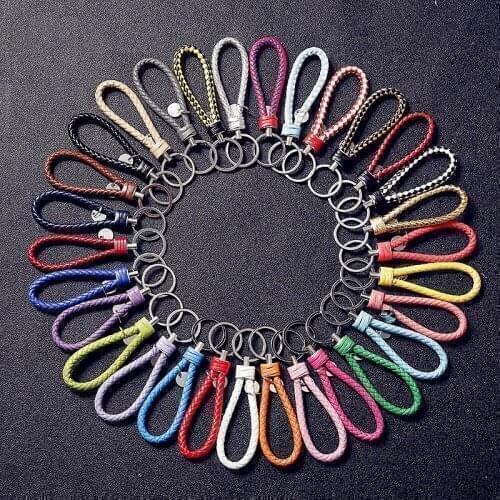 Handmade PU Leather Braided Woven Rope Key chain DIY bag Pendant Metal Key Holder Keyring Car key ring Bag Accessory 25 Colors