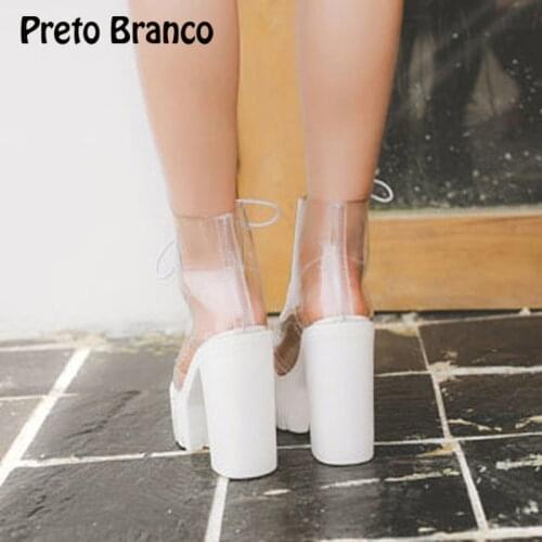 PRETO BRANCO Womens Square Heels Boots High Transparent Female Thick Platform Waterproof Nightclub Catwalk Boots Thigh High