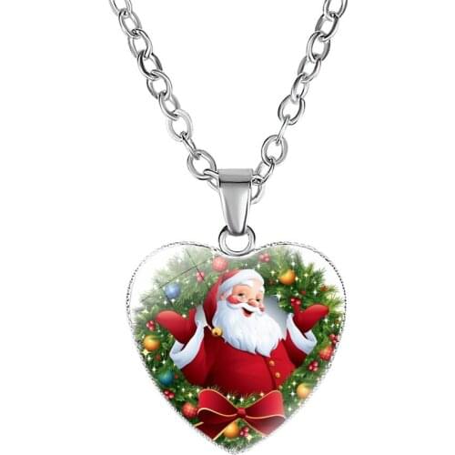 Christmas cartoon Heart shaped necklace For Children Santa Claus snowman Elk Tree Bells Glass pendant chain Fashion Jewelry Gift