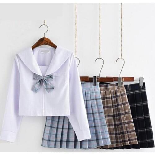 Sailor Suit School Uniform Sets Jk School Uniforms For Girl Long Sleeve White Tops And Sky Blue Plaid Skirt Suit Student Cosplay
