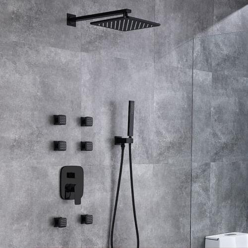Shower Panel Wall Mounted 10"12" Rain Shower Heads Black Bathroom Faucet Set Hot And Cold Water Mixer Showers Body Jet Jacuzzi