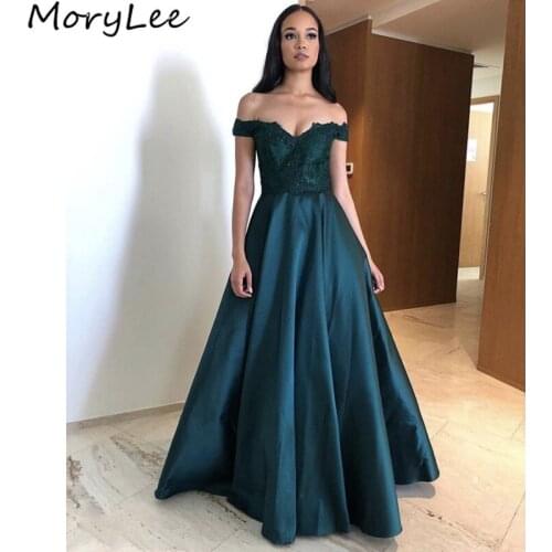 Prom Dresses Fancy Off The Shoulder A-Line Satin Lace Applique Prom Dresses With Zipper Back vestidos de fiesta de noche