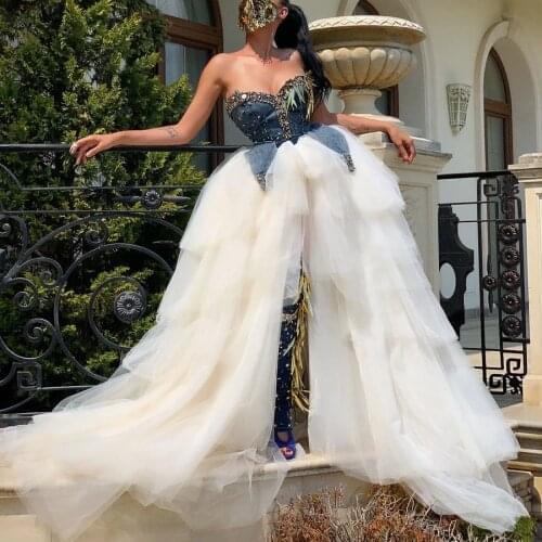 High End Puffy Tiered Beige Tulle Detachable Train Ruffles Long Women Wrap Tulle Skirts Summer Custom Made Tulle Skirt