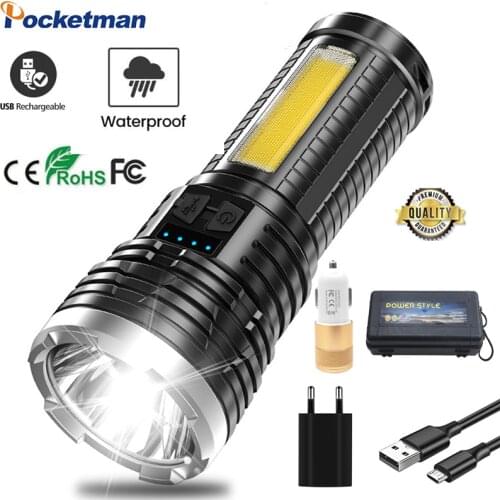 100000 Lumen Bright High Power COB Side Light LED Flashlight USB Rechargeable Built-in Battery Tactical Torch Waterproof Light