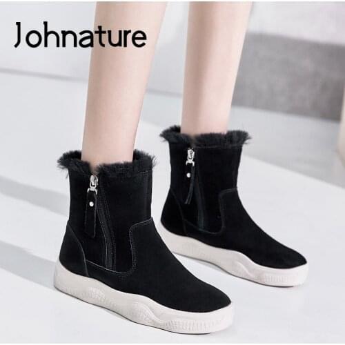 Johnature Winter Snow Boots Genuine Leather 2021 New Warm Women Shoes Zip Round Toe Flat With Sewing Casual Ankle Platform Boots