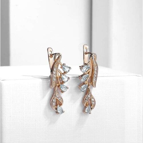 Flower Zirconia Crystal Long Drop Earrings for Women Leaf Blue CZ Stone 585 Rose Gold Good Quality Wedding Jewelry GE195C