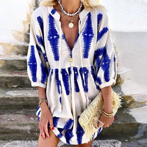 Boho Dress 2021 Women V Neck Tassel Pullover Mini Dress Spring Autumn Long Sleeve Pattern Printed Patchwork Party Dress Vestidos