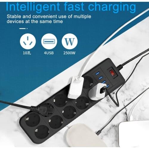 10 Way Electrical Socket EU Plug Extension Socket Outlet Protector Power Strip Charger Ports