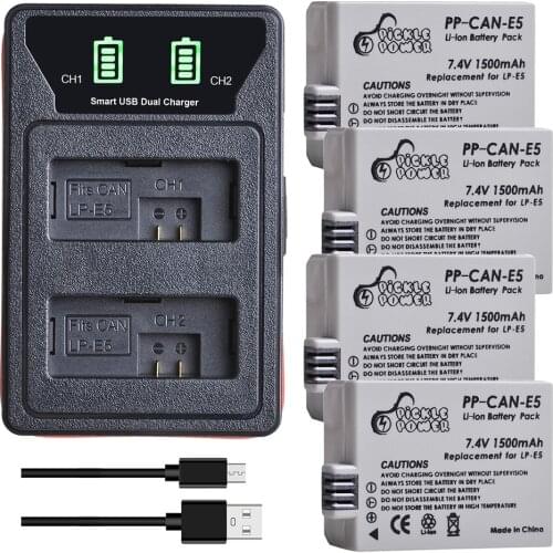 4pcs LP-E5 LP E5 Battery + LED Built-in USB Dual Charger for Canon EOS Rebel XS,Rebel T1i,Rebel XSi 1000D 450D,Kiss X3,X2,F