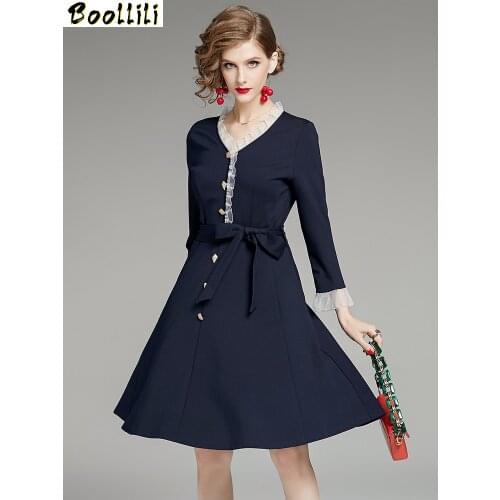 Boollili Spring Summer Dress 2020 Vintage Elegant Office Dress Women Cotton Midi Blue Dress Ladies Dresses Vestidos