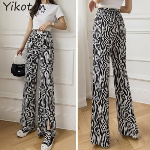 Simple Letter High Waist Causal Long Women Pants Slit Fashion Straight Wide Leg Pant Female Trousers Summer Autumn Streetwear