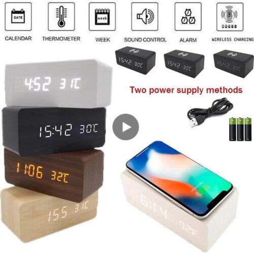 LED Wooden Alarm Clock Wireless Charger Digital Sound Control Temperature Date Display Clock Creative Living Room Decoration