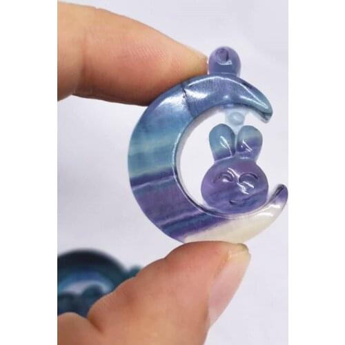 Natural fluorite Figurines colorful crystal moon with rabbit Statue for pendant