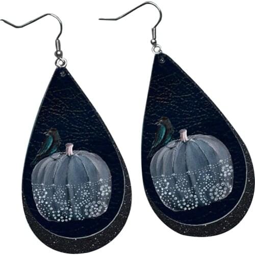 Halloween Double Layer Black Pumpkin Faux Leather Tear Drop Earrings Glitter Layered Day of the Dead Earrings