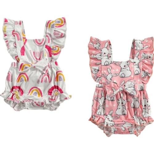 Newborn Baby Girl Rompers One Piece Rainbow/Rabbit Print Ruffles Short Sleeve Elastic Bow Jumpsuits 0-24M