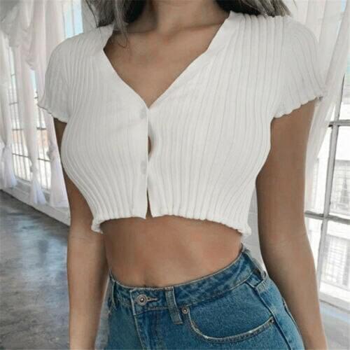 Fashion Women Solid Color V-neck Short Sleeve V neck Button Ribbed Knitted Tank Tops Cami Summer Short Slim Tops