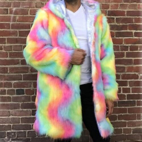 2019 New Women Men Long Hoodie Rainbow Faux Fox Fur Coat Winter High Quality Thicking Warm Multicolor Leather Jacket Windbreaker