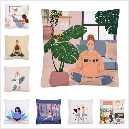 Family Yoga Sports Girl Simple Pattern Soft Short Plush Cushion Cover Pillowcase Home Sofa Car Decoration Pillowcase45X45 Cm