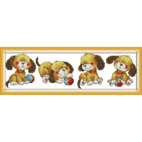 Joy Sunday Four Lovely Puppies Cartoon Series Printed Painting 11&14CT DIY Embroider Needlework Set DMS Cross Stitch Pattern Kit