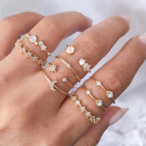9 Pcs/Set Fashion Star and Crescent Rings Set for Women Retro Simple Alloy Brick Inlaid Zircon Joint Ring Combination Girl Gift