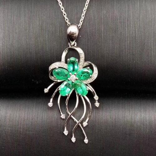 Natural green emerald gem Pendant natural gemstone pendant necklace S925 silver Luxurious Flower Tassels girl gift fine jewelery