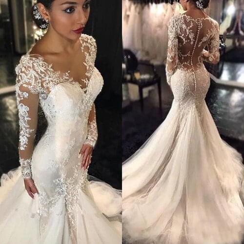 New Luxury Sexy Mermaid Wedding Dresses Long Sleeves Lace Beading Illusion Scoop V-Neck Dubai African Arabic Bridal Gowns 2020