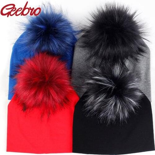 Geebro Newborn Solid Cotton Hat Faux Fur Baby Cap Pompom Hat For Kids Winter Boys And Girls Caps Artificial Fur Childrens Hats