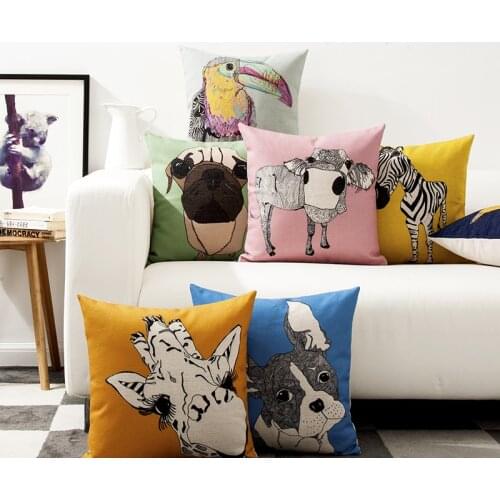 Nordic Cartoon Animal Cushion Cover Red Yellow Bird Cat Pillow Cover Home Decorative Linen Pillow Case Office Sofa Cushion Cover