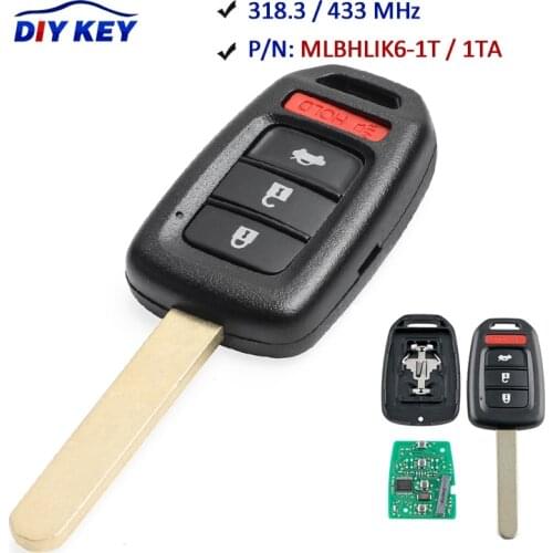 DIYKEY 313.8/ 433MHz ID47 Chip FCC: MLBHLIK6-1T 3+1 4 Button Remote Key Fob for Honda Accord Sport/ LX Civic HR-V CR-V 2013-2019