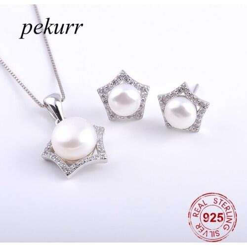 Pekurr 925 Sterling Silver 3D Hollow Curved Star Freshwater Natural Pearl Earrings Necklace Sets For Women Pendants Jewelry Set