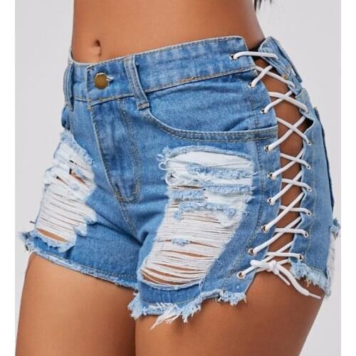 Women Sexy Denim Shorts Summer High Waist Ripped Slim Short Jeans Vintage Fashion Irregular Tassel Lace Up Bandage Denim Mini XL