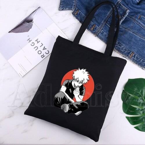 Boku No Anime My Hero Academia Bakugou Katsuki Graphic Cartoon Print Shopping Bags Girls Fashion Casual Pacakge Hand Bag Black