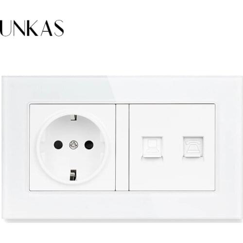 UNKAS Tempered Crystal Glass Panel EU Standard Socket + RJ11 Telephone Jack RJ45 Internet Computer Port 146MM*86MM Outlet