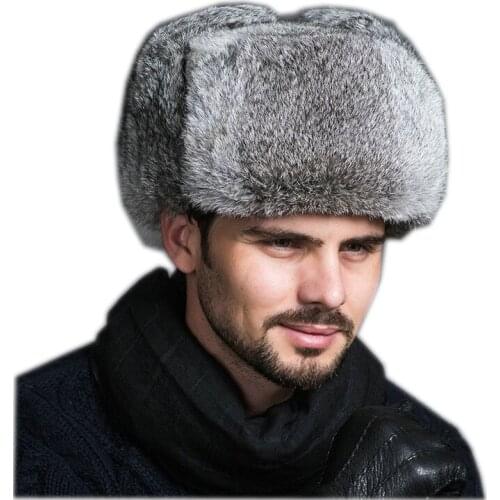 High Quality Mens 100% Real Rabbit Fur Winter Hats Lei Feng hat With Ear Flaps Warm Snow Caps Russian Hat Bomber Cap