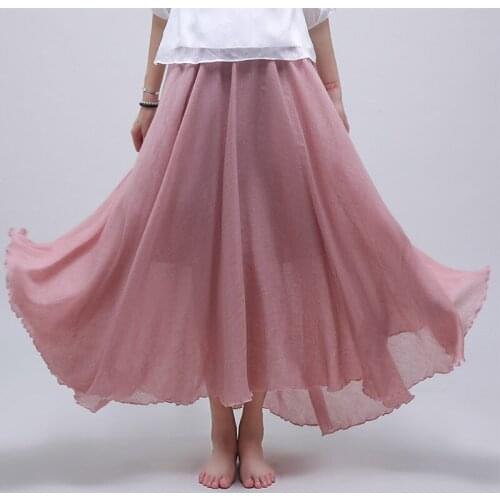 Long Skirts Womens Summer New Style National Beach Elastic Waist Big Circle Flada Saias Princess Linen Cotton Skirt Maxi Skirt