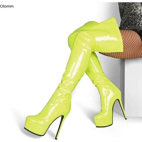 Olomm Handmade Women Thigh High Boots Stiletto Heels Round Toe Gorgeous Black Green Red Fuchsia Club Shoes Women US Size 5-13