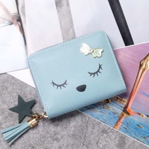 Women Wallets Cartoon Bow Tassel Zipper Female Short Cute Coin Purses Ladies Hot Sale Solid Color Mini Card Holder Clutch Bag