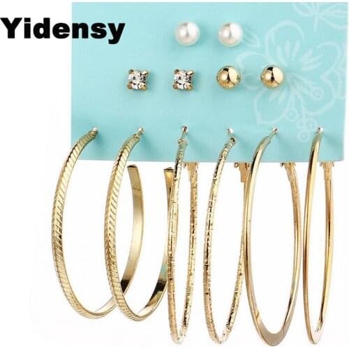 Yidensy Fashion 6 Pair Big Wire Earrings Gold Silver Color Imitation Pearl Crystal Stud Earring Women Female Statement Jewelry